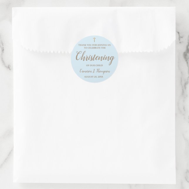 Sticker Rond Nom Blue Gold moderne Baby boy Christening (Sac)