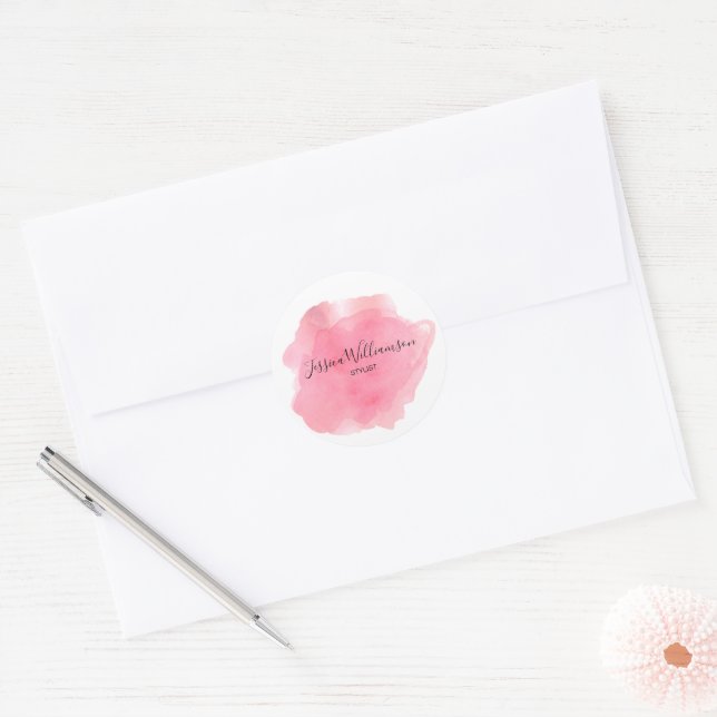 Sticker Rond Nom commercial rose aquarelle chic (Enveloppe)