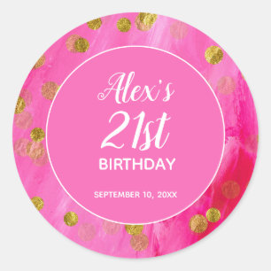 Sticker Rond Nom d'anniversaire 21 ans rose vif pailleté