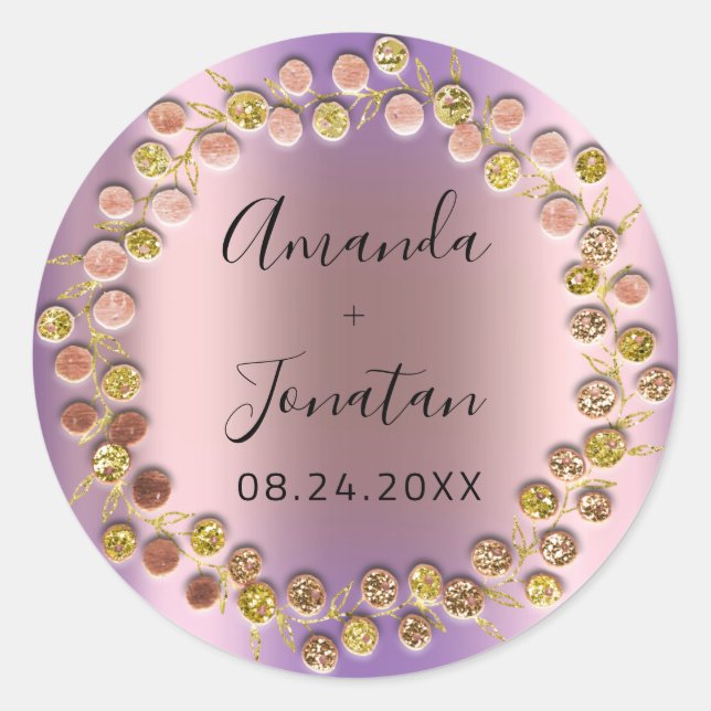 Sticker Rond Nom Date Couronne de Rose Or Rose Mariage Violet (Devant)
