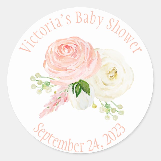 Sticker Rond Nom de bébé fille à l'aquarelle florale rose  (Devant)