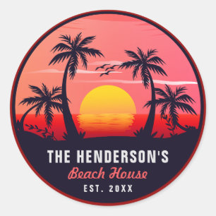 Sticker Rond Nom de famille Beach House Retro Sunset Souvenirs
