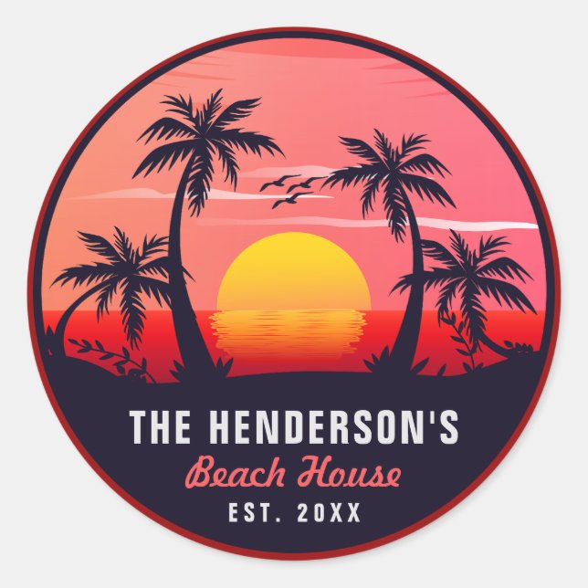 Sticker Rond Nom de famille Beach House Retro Sunset Souvenirs  (Devant)