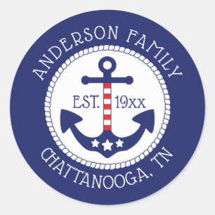Sticker Rond Nom de famille patriotique nautique d'Ancre