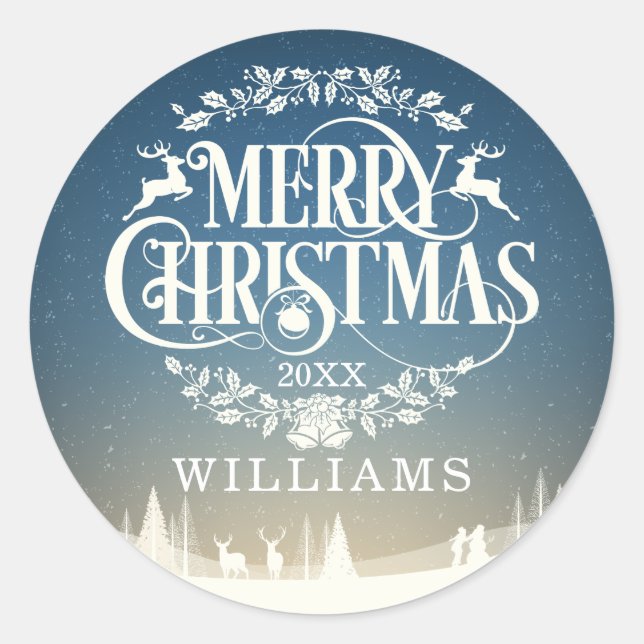 Sticker Rond Nom de famille personnalisé Joyeux Noël hiver (Devant)