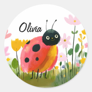 Sticker Rond Nom de la coccinelle adorable Fleurs sauvages