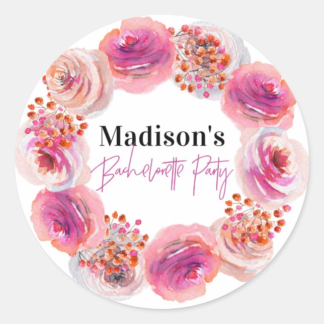 Sticker Rond Nom de la mariée personnalisée Bachelorette rose f (Devant)