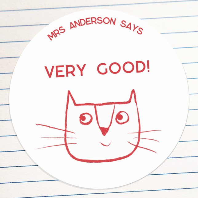 Sticker Rond Nom de l'enseignant Encouragement amusant Cartoon  (Fun kitty cat cartoon teacher name personalized encouragement message school classroom sticker)