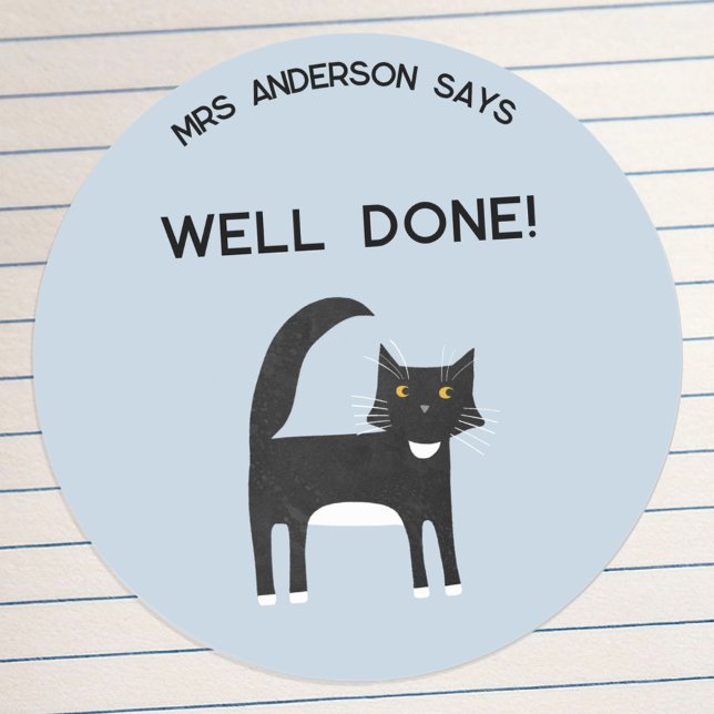 Sticker Rond Nom de l'enseignant Encouragement Cute Cat (Fun black and white tuxedo cat personalized teacher encouragement school class well done stickers)