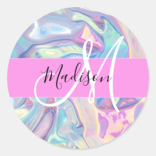 Sticker Rond Nom de monogramme holographique iridescent rose fé