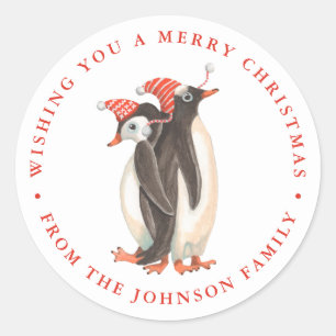 Sticker Rond Nom de Noël des vacances de pingouin mignon