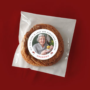 Sticker Rond Nom de photo de cookie de Noël chic et élégant rou