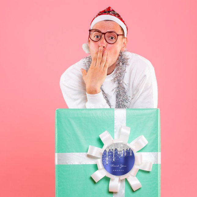 Sticker Rond Nom de remerciement 16e Parties scintillant noire  (Thank Name 16th Bridal Black Glitter 3D Royal Blue Classic Round Sticker)