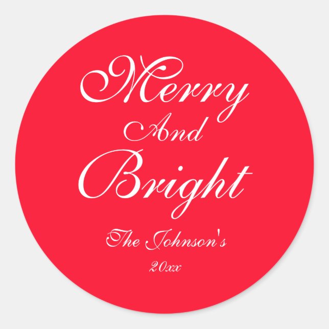 Sticker Rond Nom de script Merry And Bright Chic Rouge Noël (Devant)