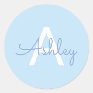 Sticker Rond Nom de script & monogramme   Bleu clair blanc viol