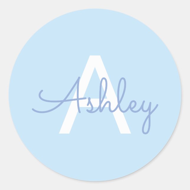 Sticker Rond Nom de script & monogramme | Bleu clair blanc viol (Devant)