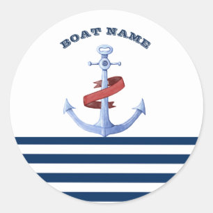 Sticker Rond Nom du bateau nautique, Ancre Bleue Marine Bleu ra