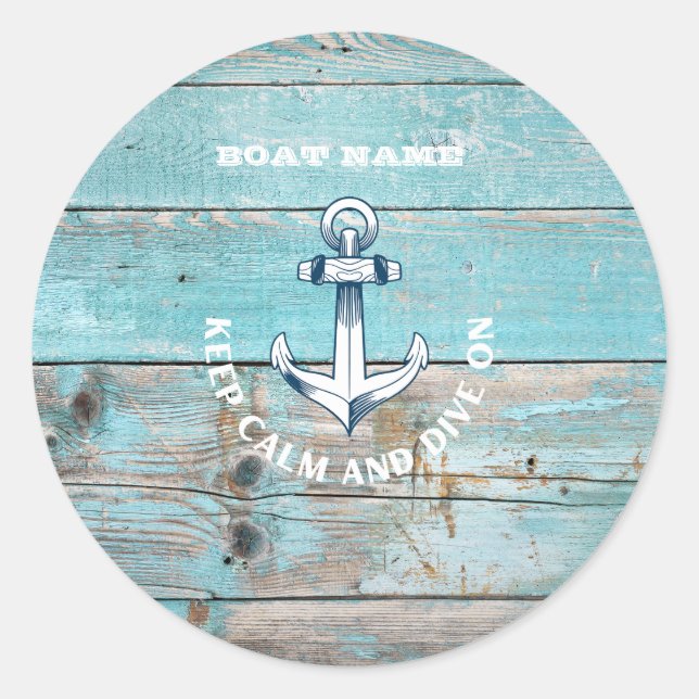 Sticker Rond Nom du bateau nautique Ancre Bois rustique (Devant)