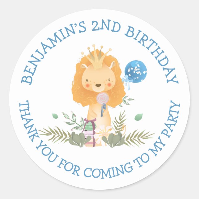 Sticker Rond Nom du lion mignon Merci garçon 2e anniversaire (Devant)