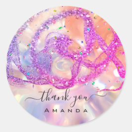 Sticker Rond Nom du Merci 16e Holographe rose nuptiale Confetti