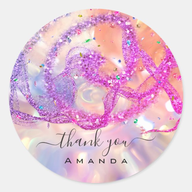 Sticker Rond Nom du Merci 16e Holographe rose nuptiale Confetti (Devant)