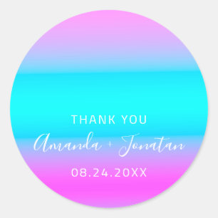 Sticker Rond Nom du Merci Date Blue Aqua Pink Ombre