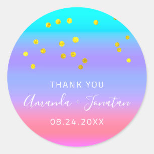 Sticker Rond Nom du Merci Date Blue Rose Gold Confetti