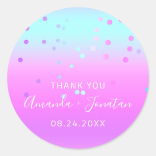 Sticker Rond Nom du Merci Date Pastel bleu rose Confetti