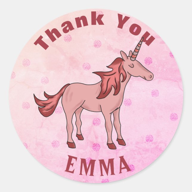 Sticker Rond Nom du Merci de la licorne rose (Devant)