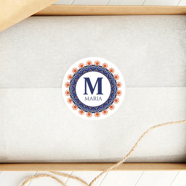 Sticker Rond Nom du monogramme bleu marine Mandala Custom (Navy blue mandala sticker)