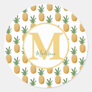 Sticker Rond Nom du monogramme d'ananas tropique classique Rou