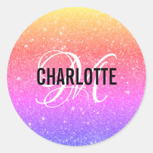 Sticker Rond Nom du monogramme de la Parties scintillant arc-en