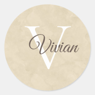Sticker Rond Nom du monogramme de l'aquarelle beige simple