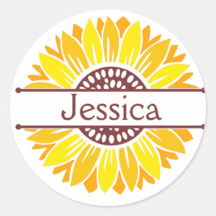 Sticker Rond Nom du monogramme de tournesol frisé jaune joyeux