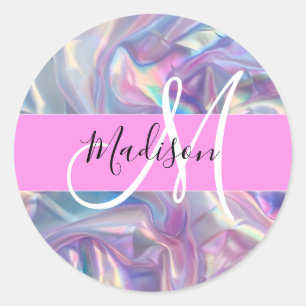 Sticker Rond Nom du monogramme d'iridescendance rose-fille