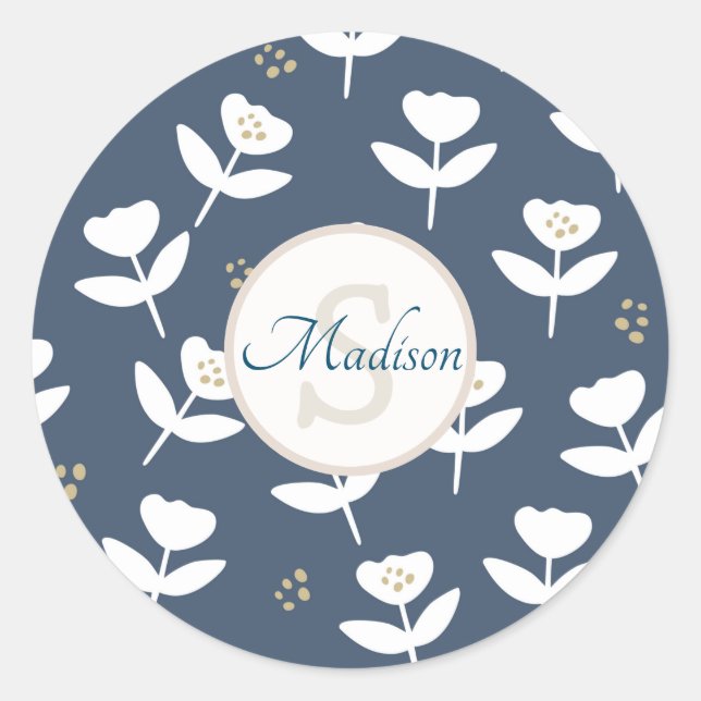 Sticker Rond Nom du monogramme floral bleu et blanc (Devant)