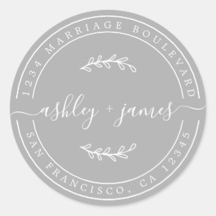 Sticker Rond Nom élégant Mariage gris Adresse de retour