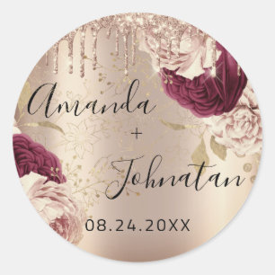 Sticker Rond Nom Enregistrer La Date  Drips Or Roses Florales