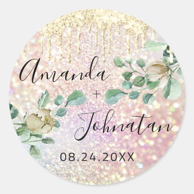 Sticker Rond Nom Enregistrer La Date Gouttes Argent Paillettes  (Devant)