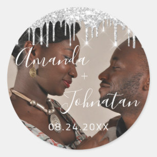 Sticker Rond Nom Enregistrer La Date Noir Drips Photo Argent