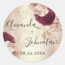 Sticker Rond Nom Enregistrer La Date Rose Gold Florales