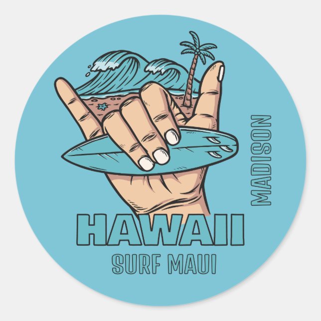Sticker Rond Nom et emplacement personnalisés Surf Shaka (Devant)