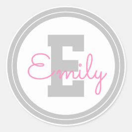 Sticker Rond Nom et monogramme encadrés | Gris clair et rose