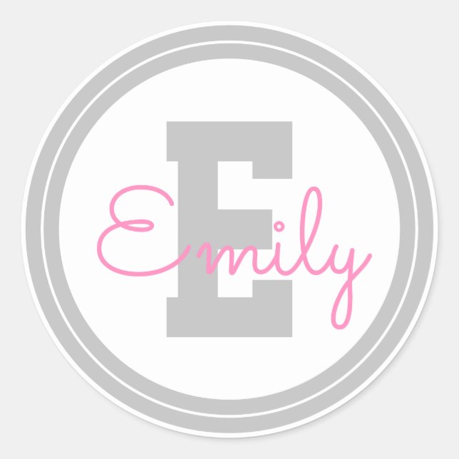 Sticker Rond Nom et monogramme encadrés | Gris clair et rose (Devant)