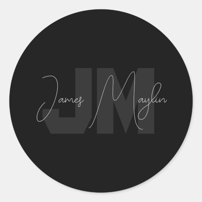 Sticker Rond Nom et monogramme modernes | Gris et noir (Devant)