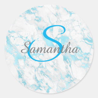 Sticker Rond Nom et premier Pastel Bleu & Marbre blanc