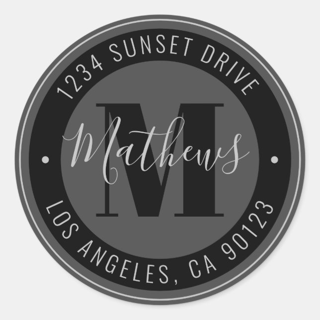 Sticker Rond Nom et texte circulaire monogrammes | Gris et noir (Devant)