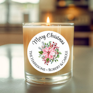 Sticker Rond Nom Joyeux Noël rose Poinsettia Bouquet 3 po