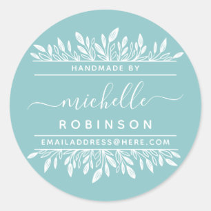 Sticker Rond Nom manuscrit Bleu & Blanc Botanique Fait main