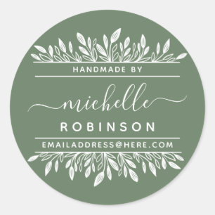 Sticker Rond Nom manuscrit Sage & White Botanical Fabriqué à 
